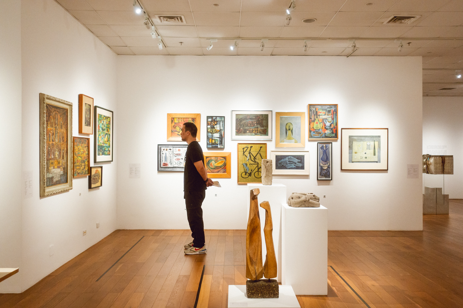 Photograph of a person observing framed artwork and sculptures at the Ateneo Art Gallery in Katipunan, Quezon City. The gallery features a diverse collection of colorful paintings and abstract sculptures displayed on pedestals and walls, highlighting a variety of artistic styles and mediums.
