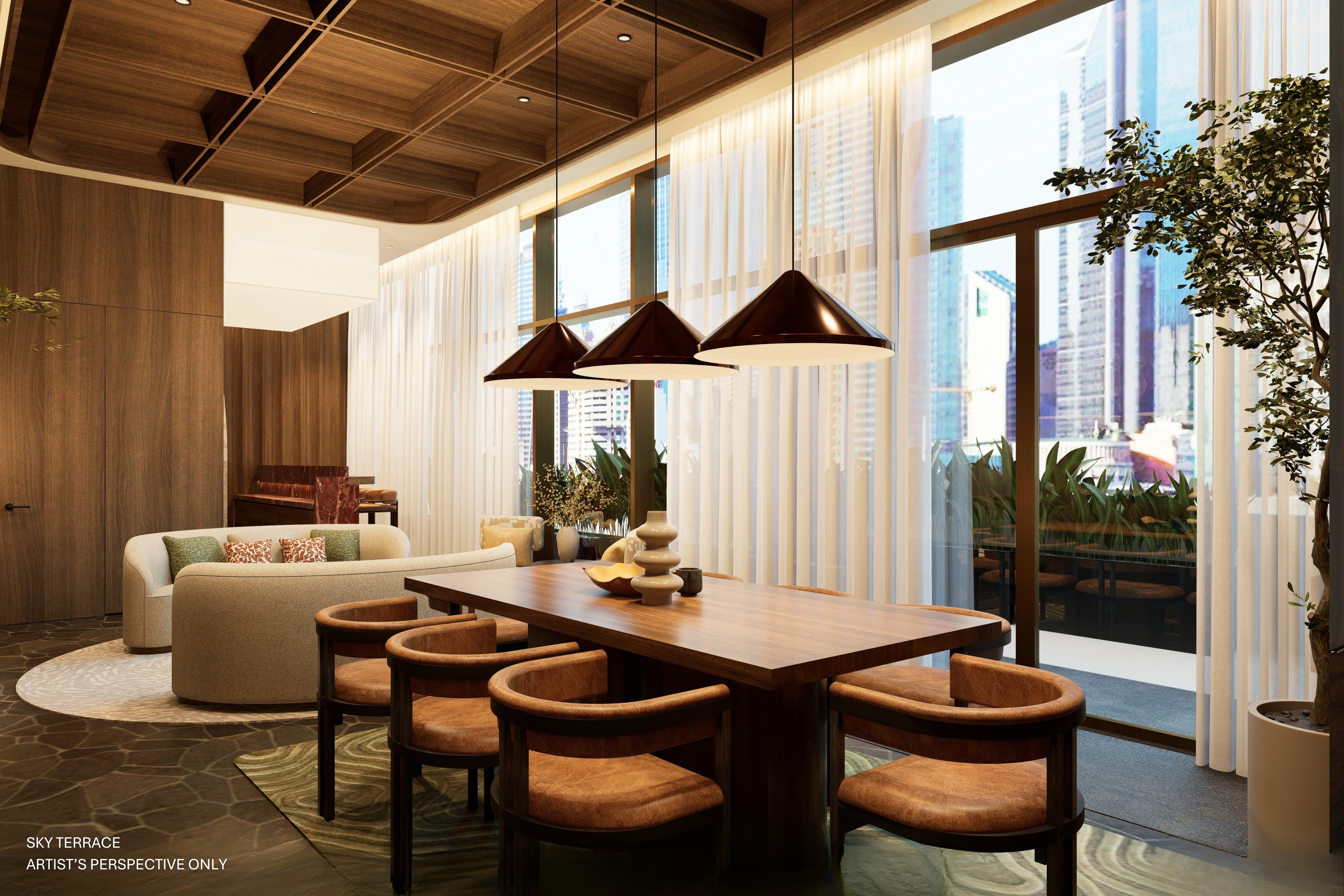 The Sky Terrace at Sondris crowns the development with a private rooftop venue, featuring an elegantly appointed lounge and dining area where residents can host intimate gatherings against a backdrop of sweeping city views.