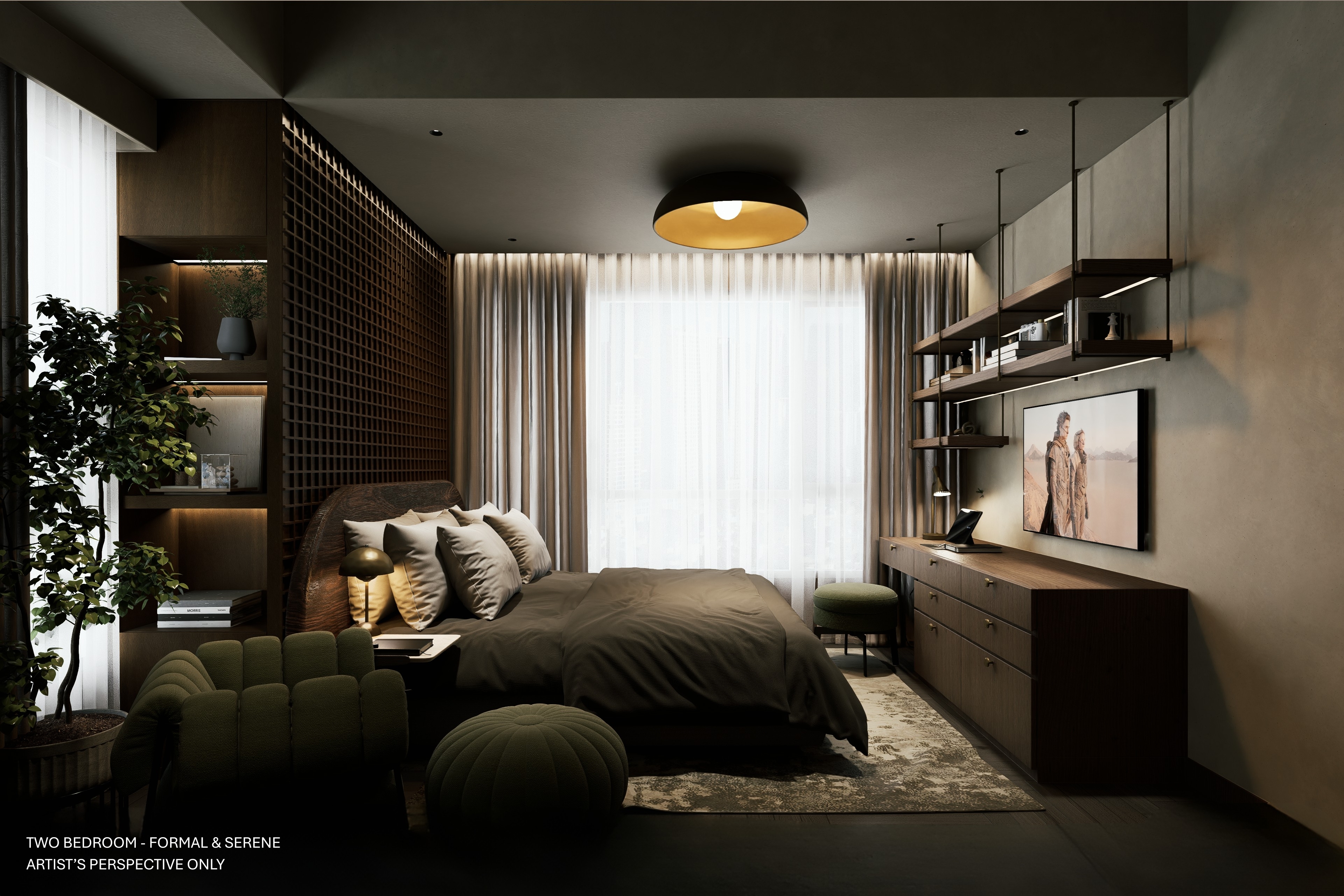 The Formal and Serene unit finish design scheme: Drawn to depth, richness, and a sophisticated atmosphere. By embracing darker tones and layered materials, this scheme creates a grounded, deeply comfortable environment. It is a private retreat to unwind, entertain selectively, and enjoy a sense of calm.