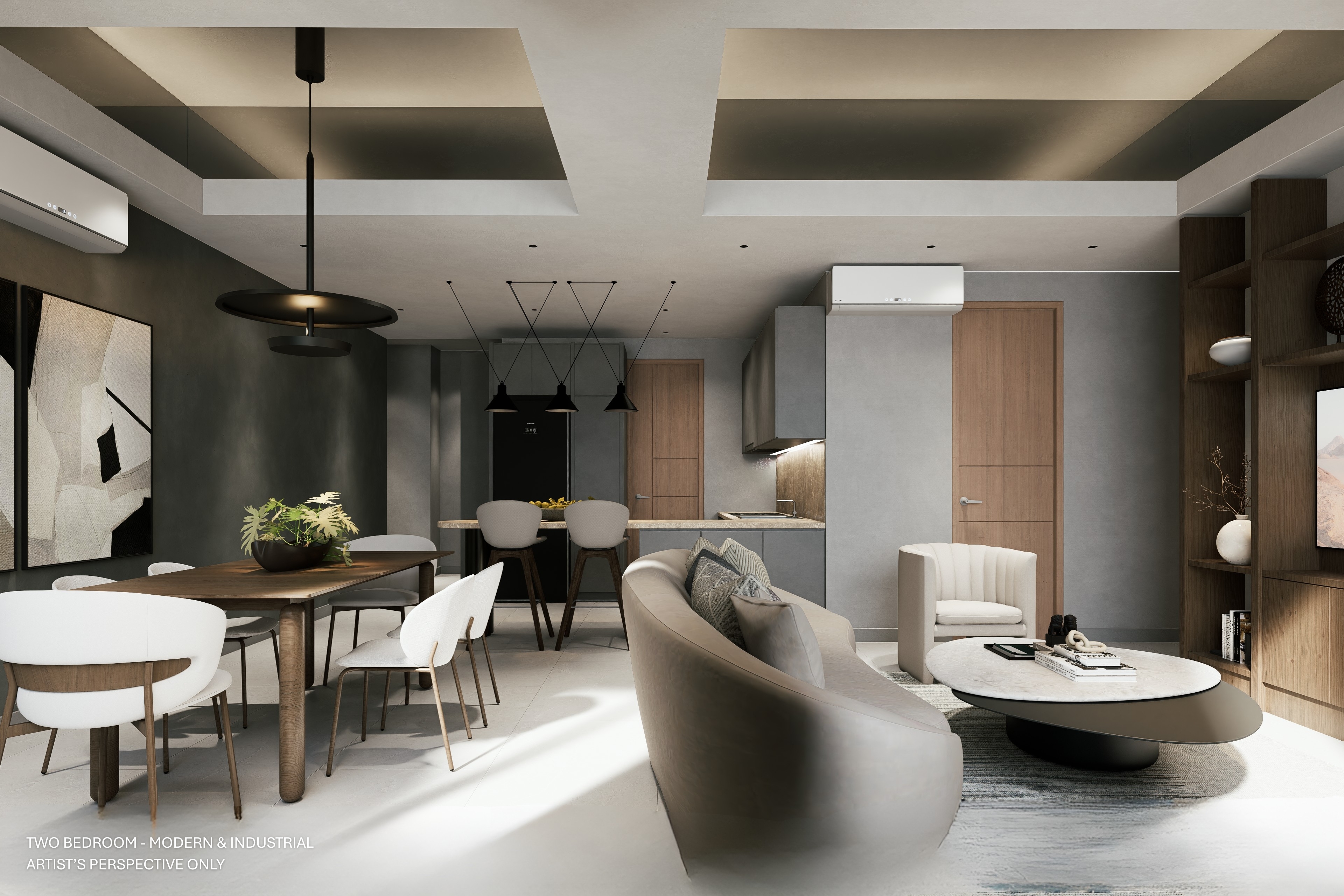 The Modern and Industrial unit finish design scheme: Designed for those who prefer a clean, contemporary, and city-inspired aesthetic. This grey scheme highlights contrast and architectural clarity, creating a space that feels structured and purposeful. It is lighter in tone but stronger in character.