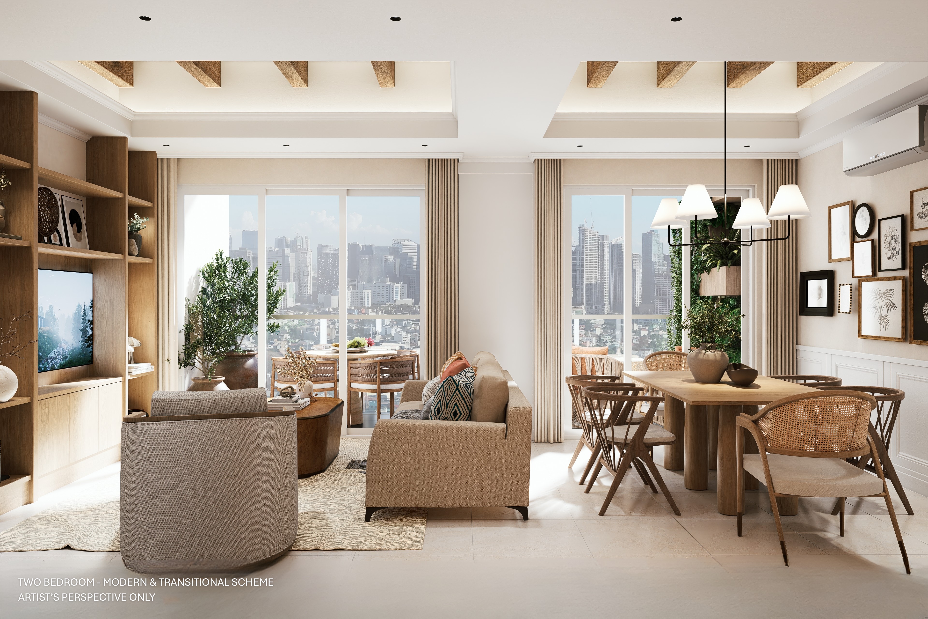 The Timeless and Transitional unit finish design scheme: Conceived as a warm, timeless interior that feels calm, welcoming, and refined. Rather than relying on bold colors, this light scheme uses layered neutrals, natural textures, and soft lighting to create visual continuity ideal for a space that will age beautifully over time.